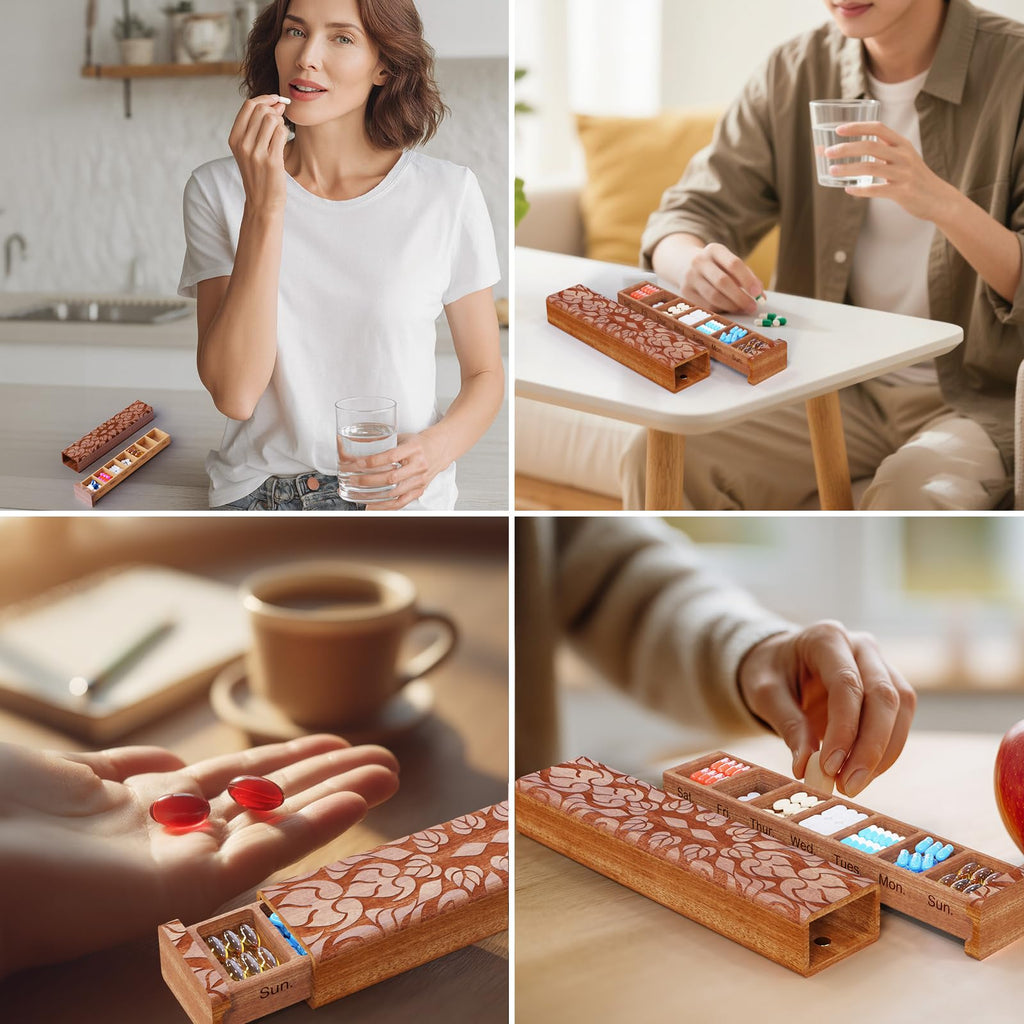 Wooden Pill Organizer, 7 Day Pill Box, Travel Pill Box, Wooden Pill Case Privacy Protection Perfect for Medication, Vitamins, Fi