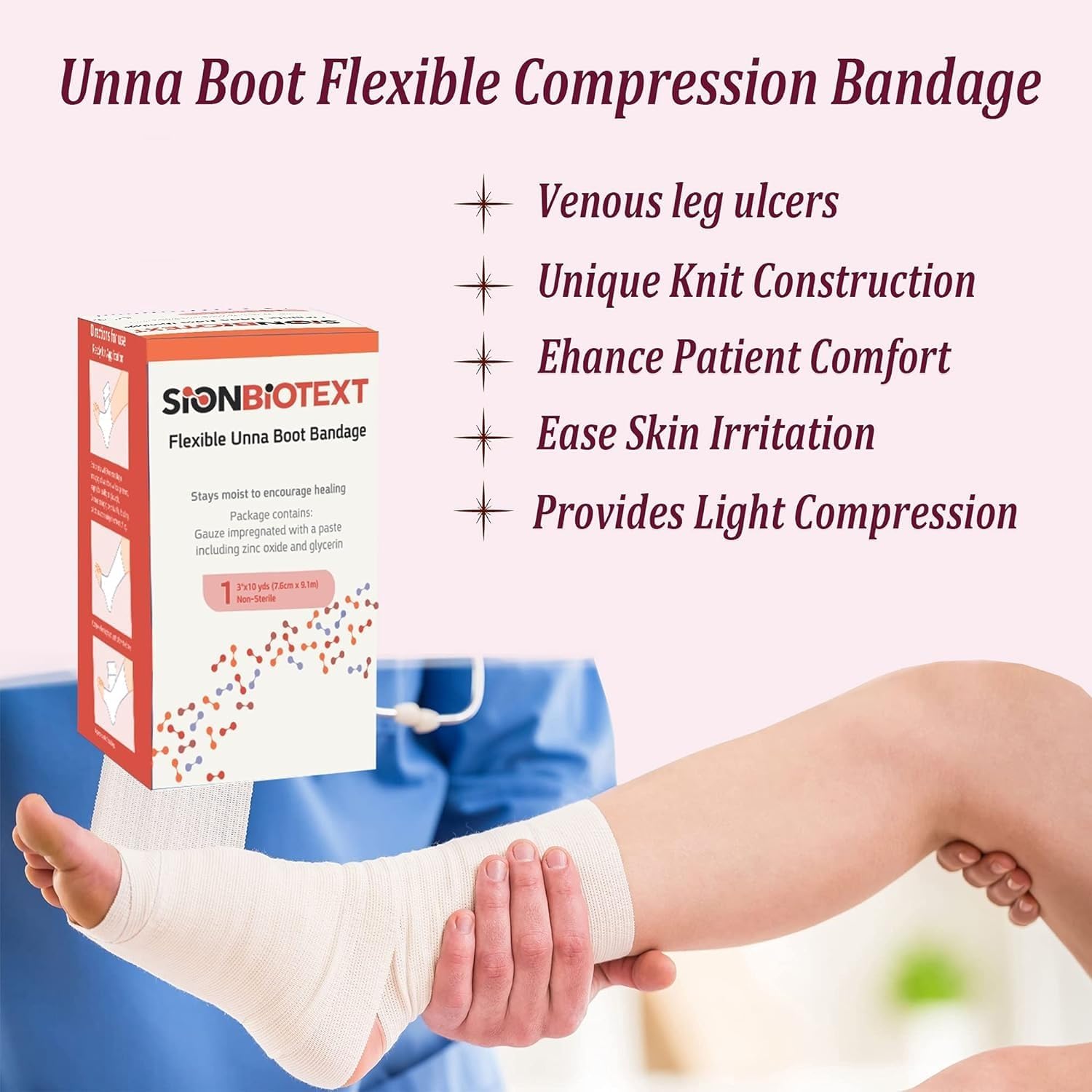 Sion Biotext Unna Boot with Zinc Flexible Compression Bandage Maintain Moist Healing Environment Medical Dressing Wrap Gauze - E