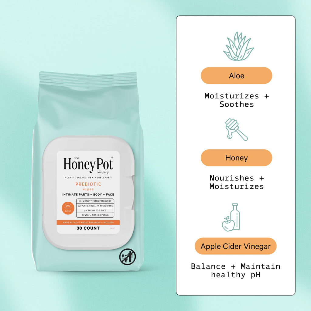 The Honey Pot Company - Prebiotic Feminine Wipes - Herbal Infused Feminine Hygiene Wipes for Sensitive Skin Types - PH Balanced