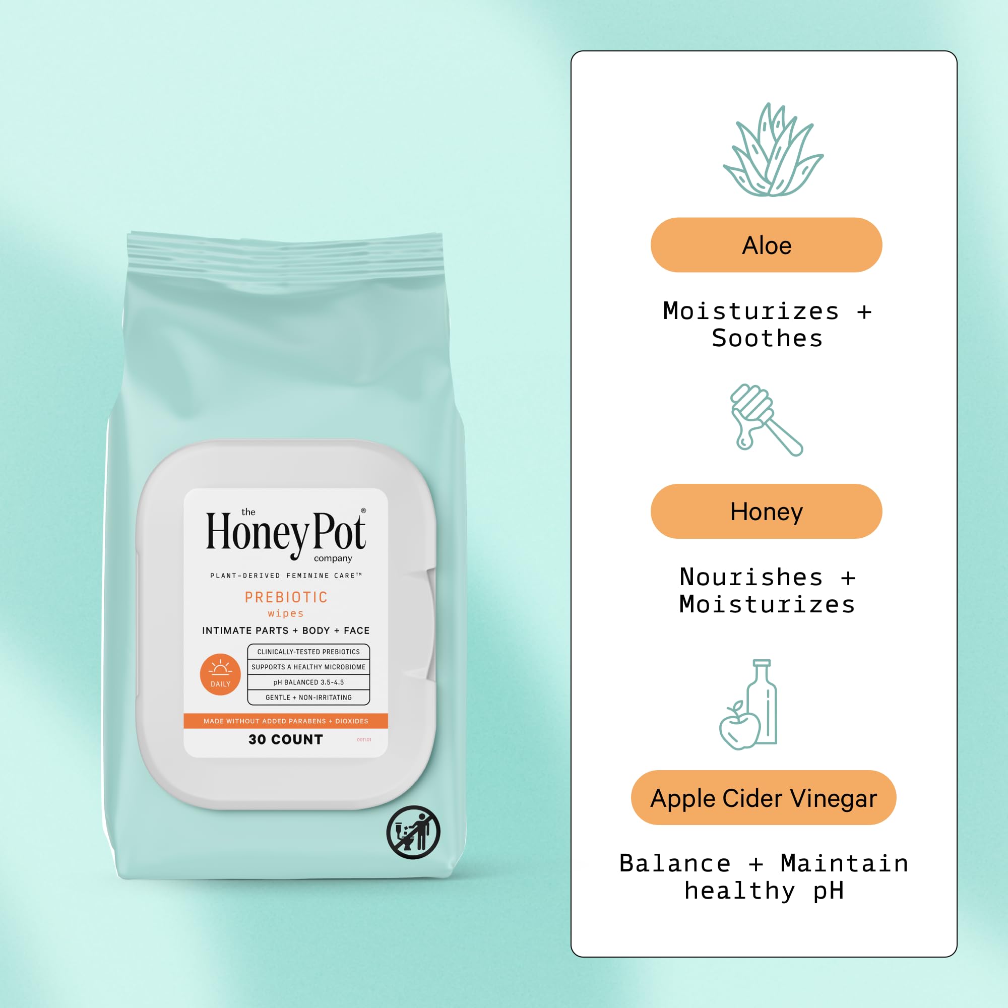 The Honey Pot Company - Prebiotic Feminine Wipes - Herbal Infused Feminine Hygiene Wipes for Sensitive Skin Types - PH Balanced