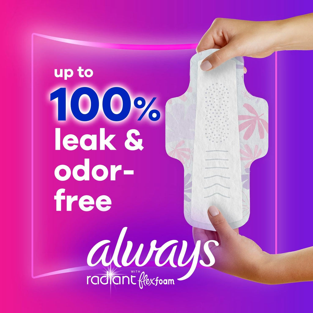 Always Radiant Feminine Pads for Women, Flexfoam Pads with Wings, Size 1, Regular Absorbency, Lightly Scented, 90 Count (3 Packs