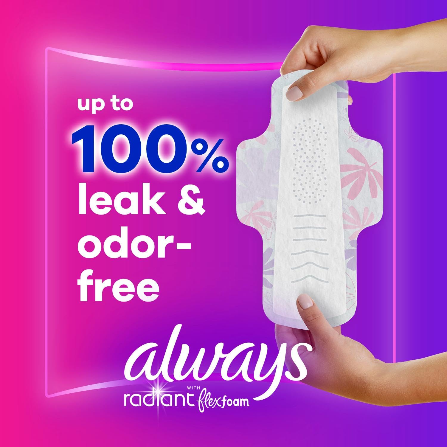 Always Radiant Feminine Pads for Women, Flexfoam Pads with Wings, Size 1, Regular Absorbency, Lightly Scented, 90 Count (3 Packs