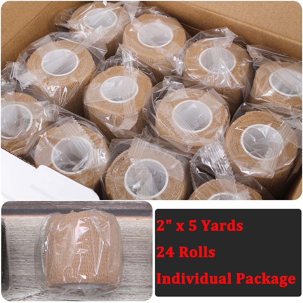 24 Pack 2 X 5 Yards Brown Breathable Self Adhesive Bandage Wrap, Multi-Purpose Non-Woven Cohesive Wrap - Vet Wrap | Athletic Tap