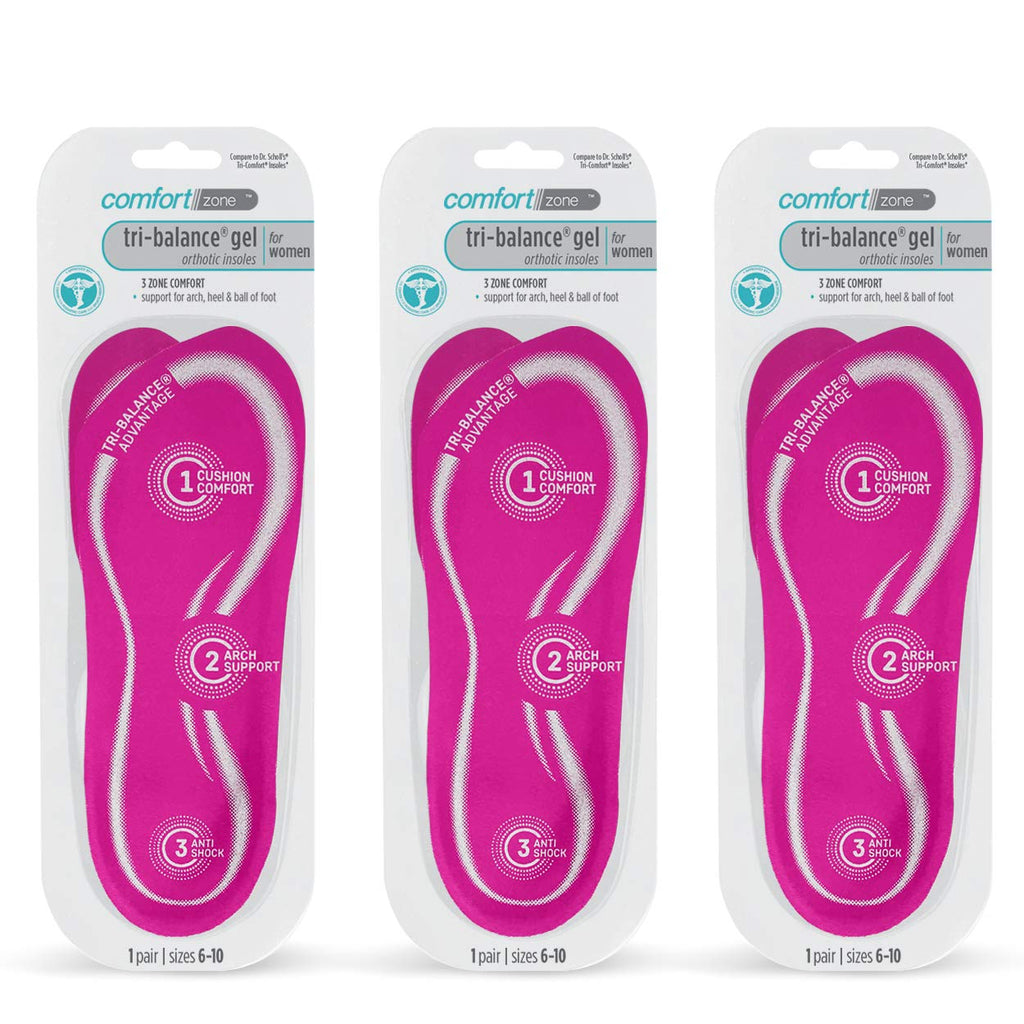 Comfort Zone Tri-Balance Gel Orthotic Insoles for Women, 3/4 Length Insoles, Sizes 6-10, 1 Pair (Pack of 3)