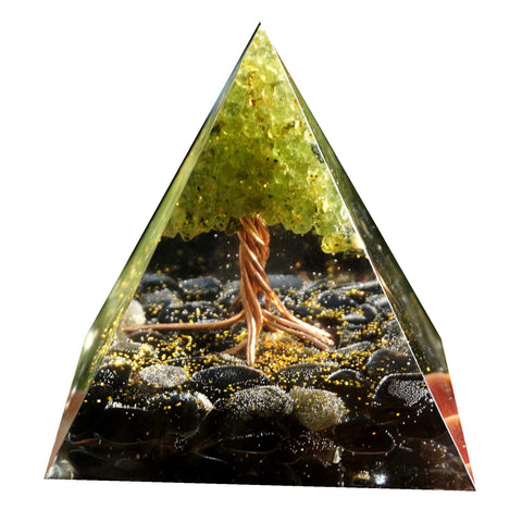 Handmade Tree of Life Orgonite Pyramid Peridot with Obsidian Crystal Stone Positive Reiki Energy Generator Healing Orgone Collec