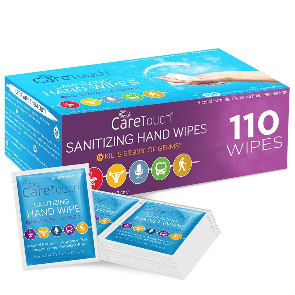 Care Touch Hand Sanitizer Wipes - 110 Hand Wipes Individually Wrapped - Travel Size - Sanitizing Wet Wipes for Home, Office & Ou