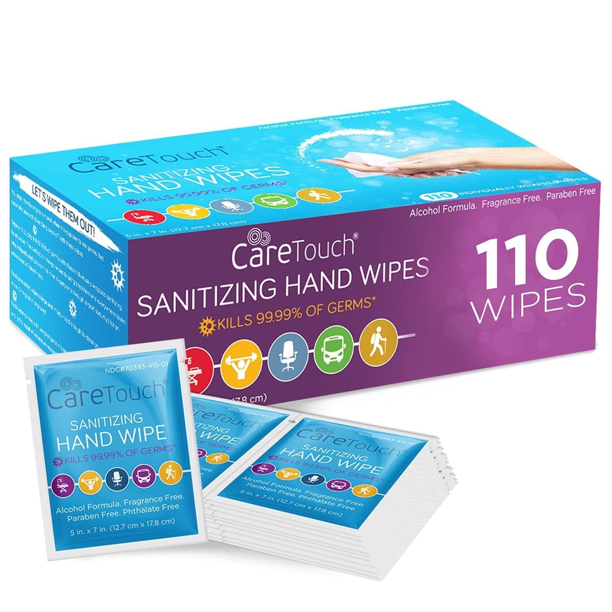 Care Touch Hand Sanitizer Wipes - 110 Hand Wipes Individually Wrapped - Travel Size - Sanitizing Wet Wipes for Home, Office & Ou