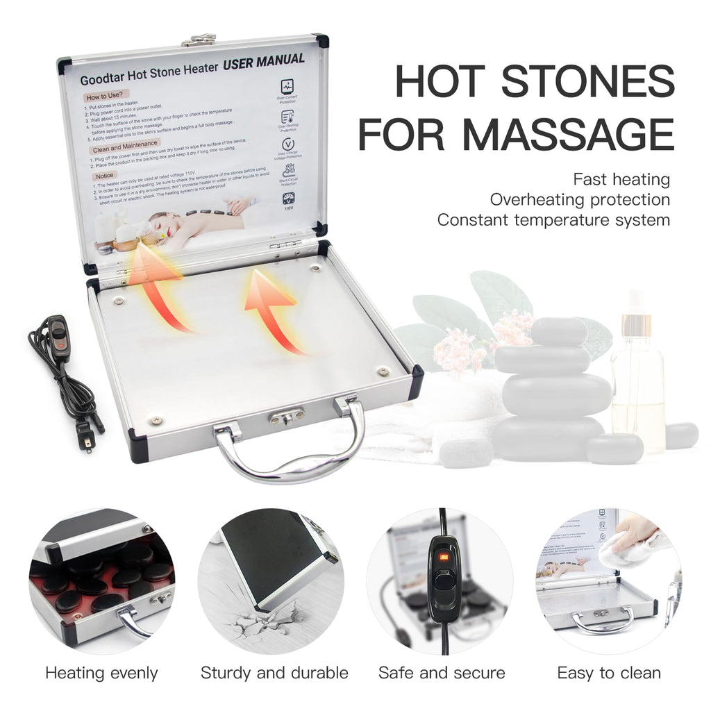 Goodtar Hot Stones Massage Warmer Kit, 14 PCS Hot Stones Massage Set and Heater Kit, Electric Hot Rocks Basalt Stones Massager f
