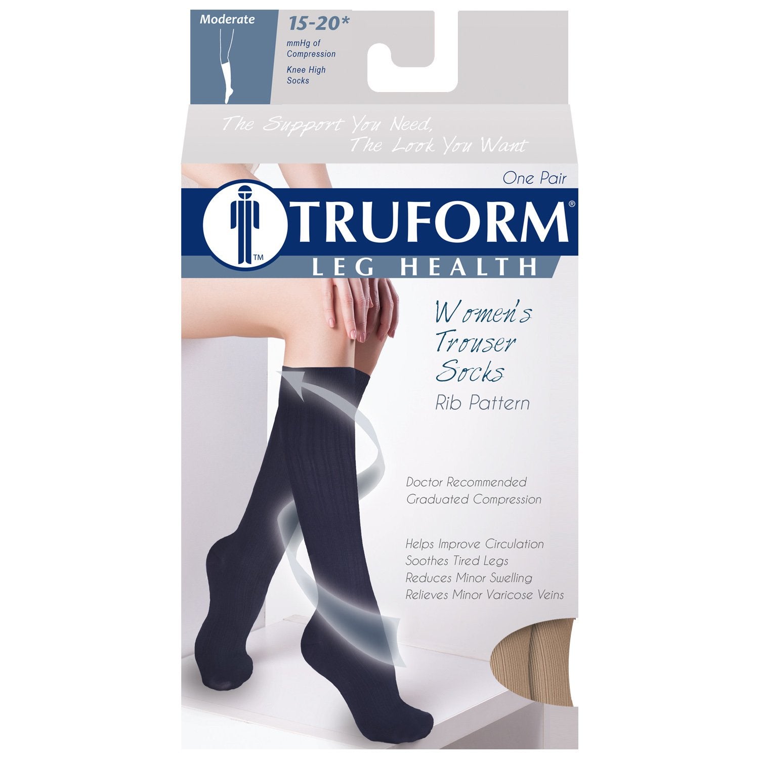 Truform Compression Socks, 15-20 mmHg, Women's Dress Socks, Knee High Over Calf Length, Tan Rib Knit, X-Large