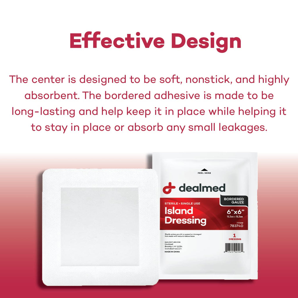 Dealmed Sterile Gauze Island Wound Dressing 6 x 6 Gauze Pads, Disposable, Latex-Free, Adhesive Borders with Non-Stick Pads First