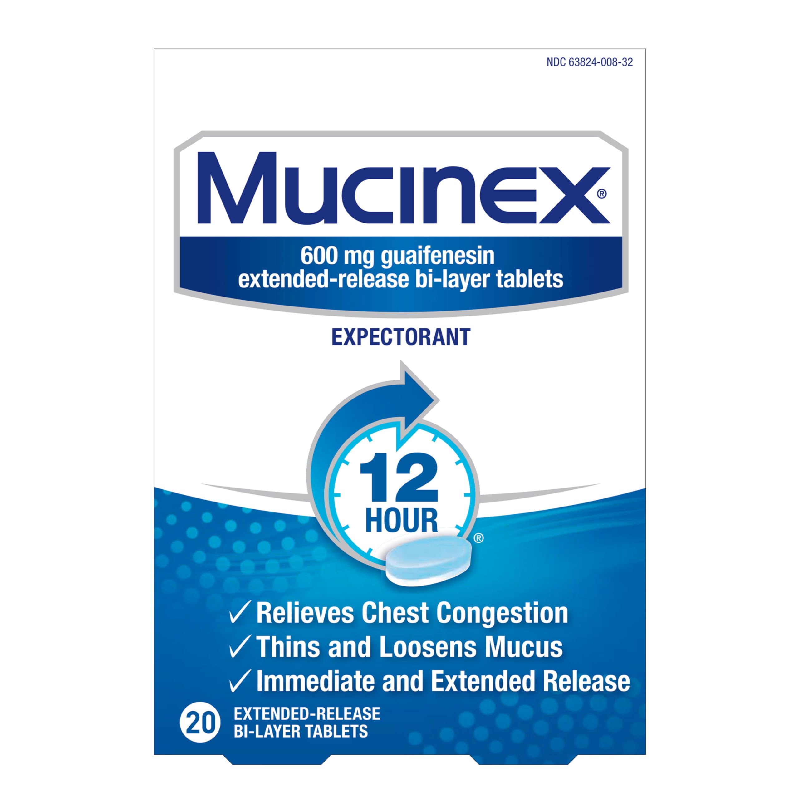 Mucinex 12 Hour 600 mg Guaifenesin Extended-Release Tablets for Excess Mucus Relief, Expectorant Aids Excess Mucus Removal, Ches