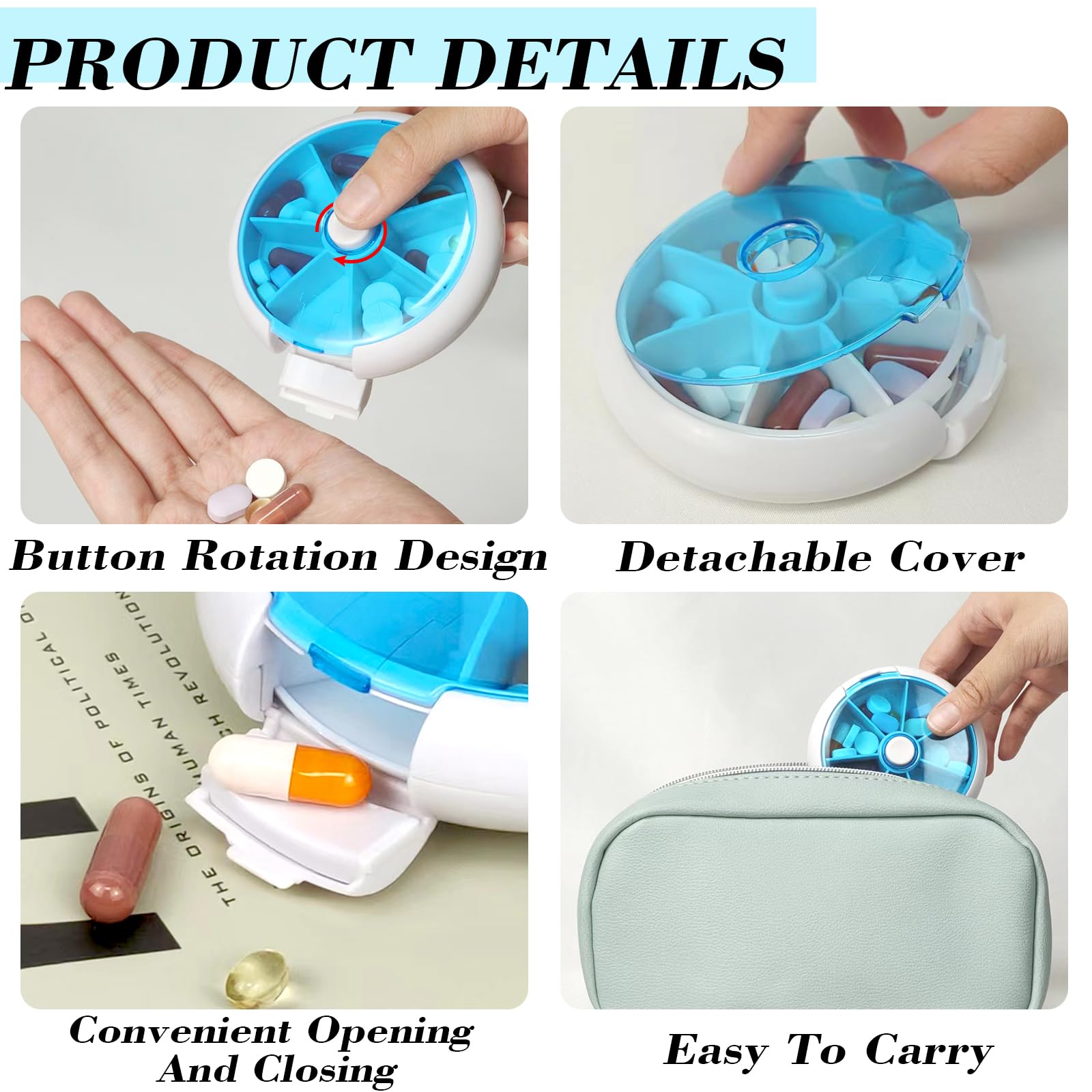 Pill Organizer Travel Pill Case for Purse Portable Pill Box Round Weekiy Pill Container for Vitamin Fish Oil Pills Supplements (
