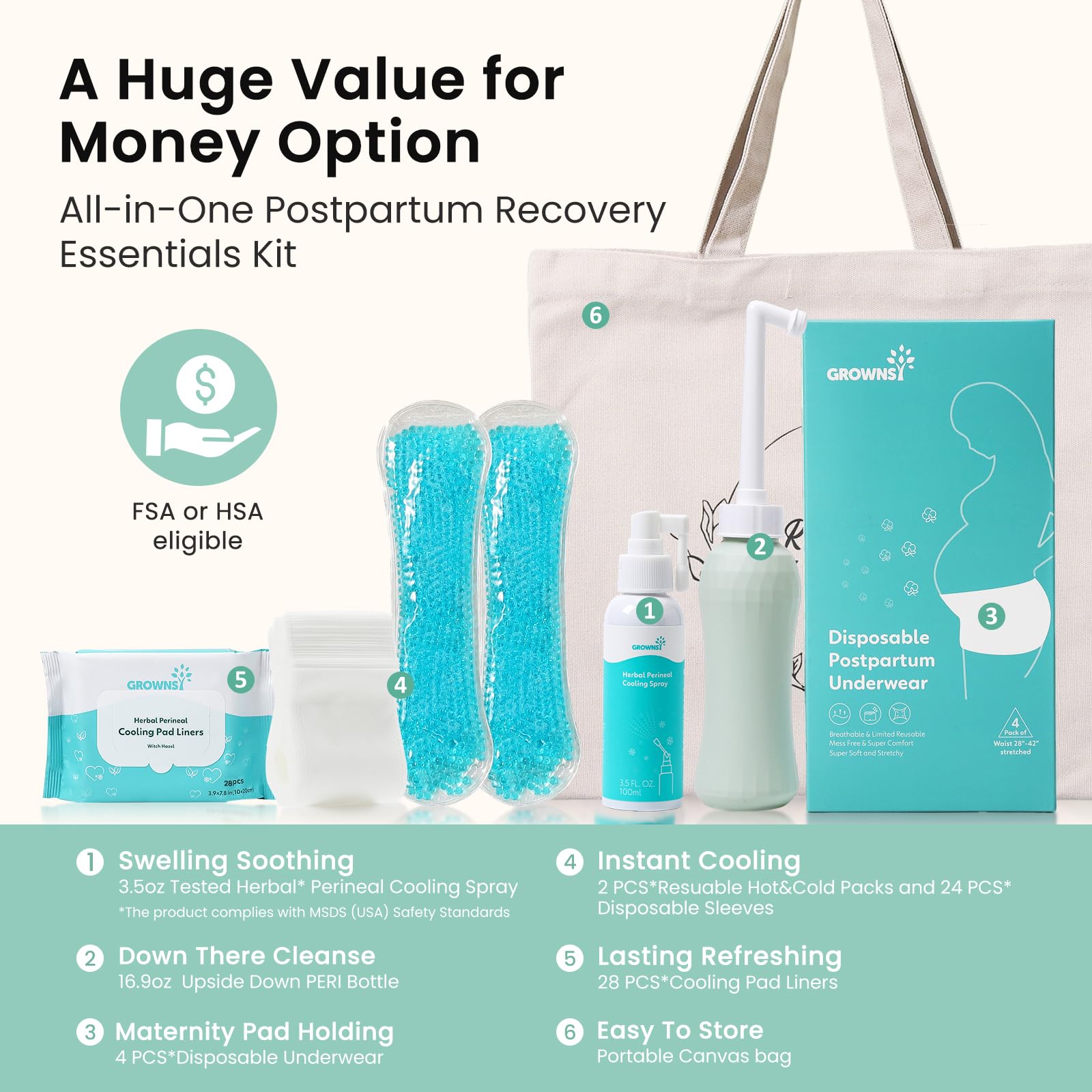 Grownsy Postpartum Essentials Recovery Kit for Labor & Delivery | Postpartum Kit for Women | Includes Upside Down Peri Bottle, P