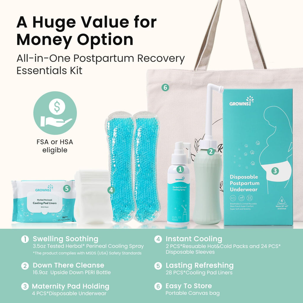 Grownsy Postpartum Essentials Recovery Kit for Labor & Delivery | Postpartum Kit for Women | Includes Upside Down Peri Bottle, P