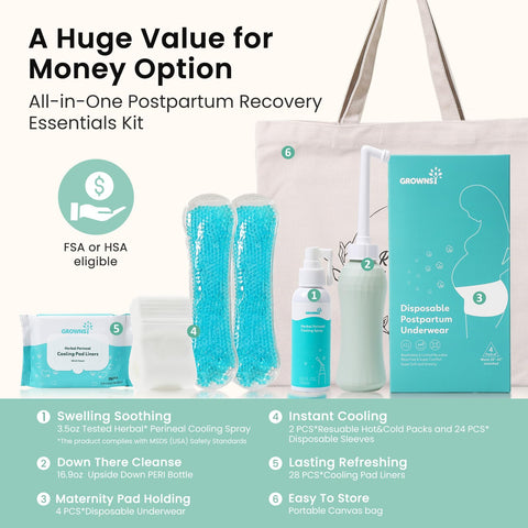 Grownsy Postpartum Essentials Recovery Kit for Labor & Delivery | Postpartum Kit for Women | Includes Upside Down Peri Bottle, P