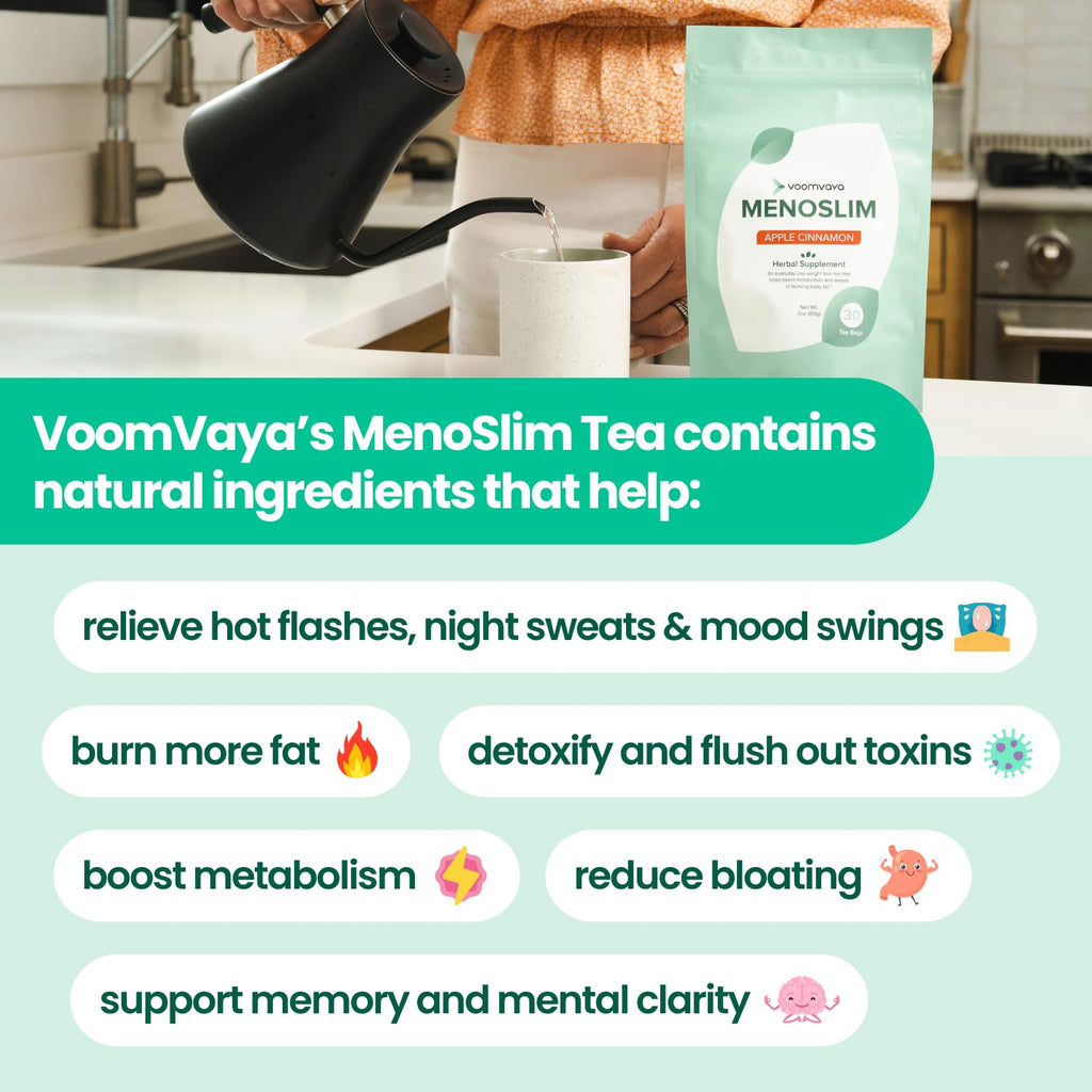 VoomVaya MenoSlim Tea - Hormone Balance Tea, Perimenopause & Estrogen Supplement for Women - for Bloating, Hot Flashes, Night Sw