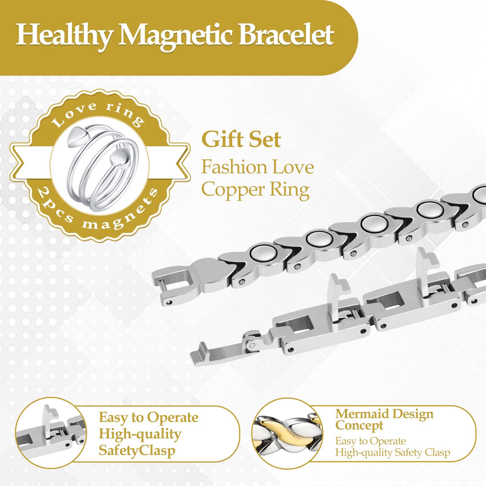 Jecanori Magnetic Bracelets for Women,Adjustable Titanium Steel Wristband Brazaletes,Valentine's Day Gifts with Sizing Tool (Mer