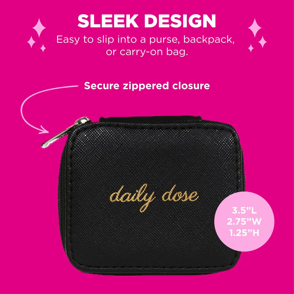 Miamica Zippered Daily Dose    Pill Case with 8-Day Removable Plastic Medicine Organizer, Black, 3.5    L x 2.75    W x 1.25