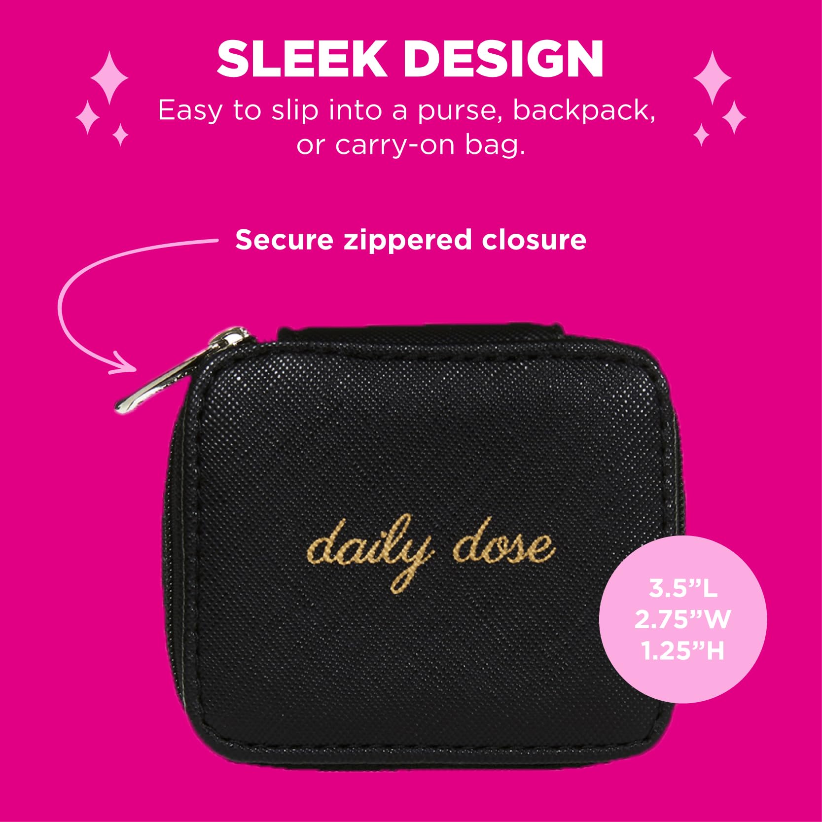 Miamica Zippered Daily Dose    Pill Case with 8-Day Removable Plastic Medicine Organizer, Black, 3.5    L x 2.75    W x 1.25