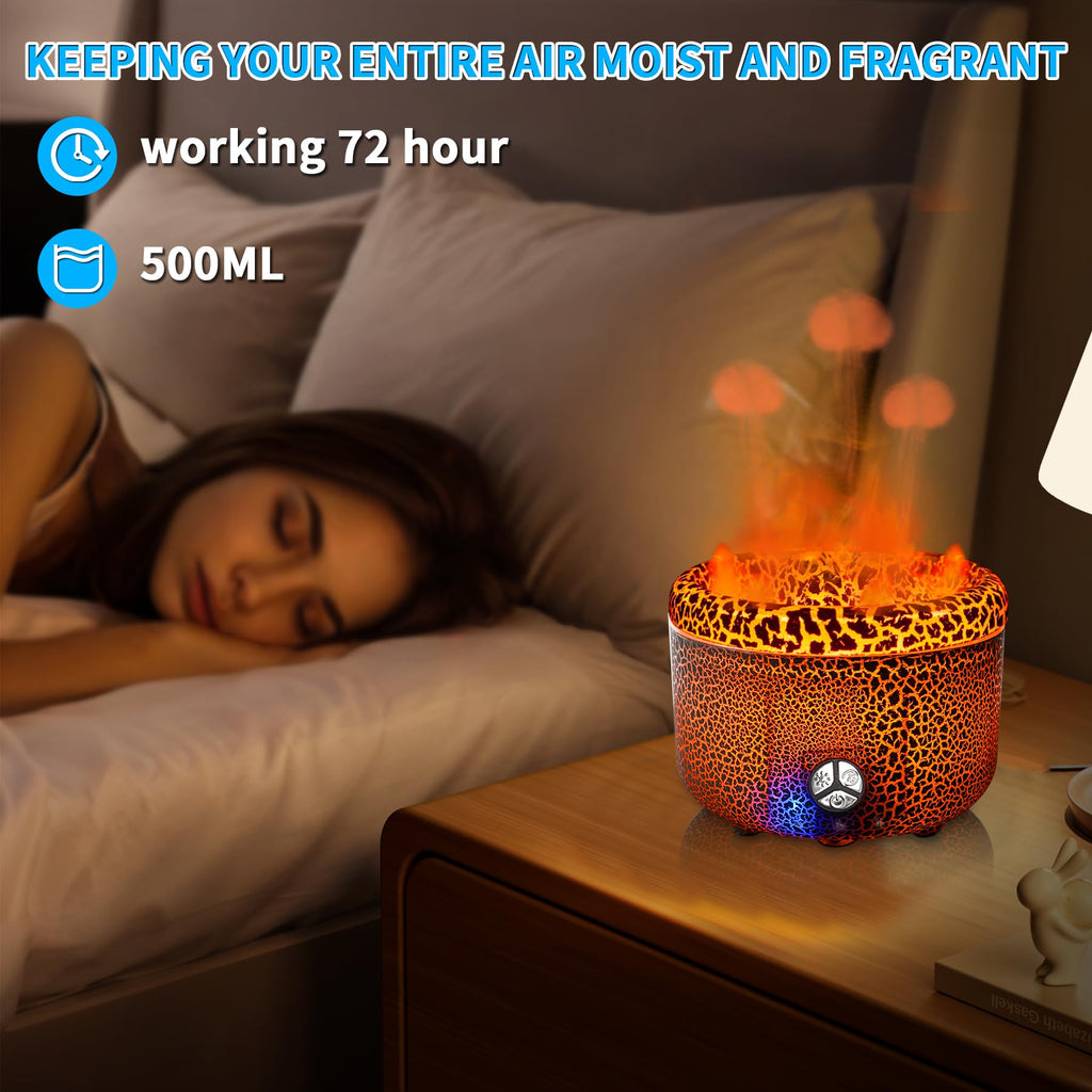 BOHOFAM Essential Oil Diffuser 500ML,Volcano and Flame Diffuser/Humidifier 2 Mode,Three Volcanic Vent Diffusers for Home,Include