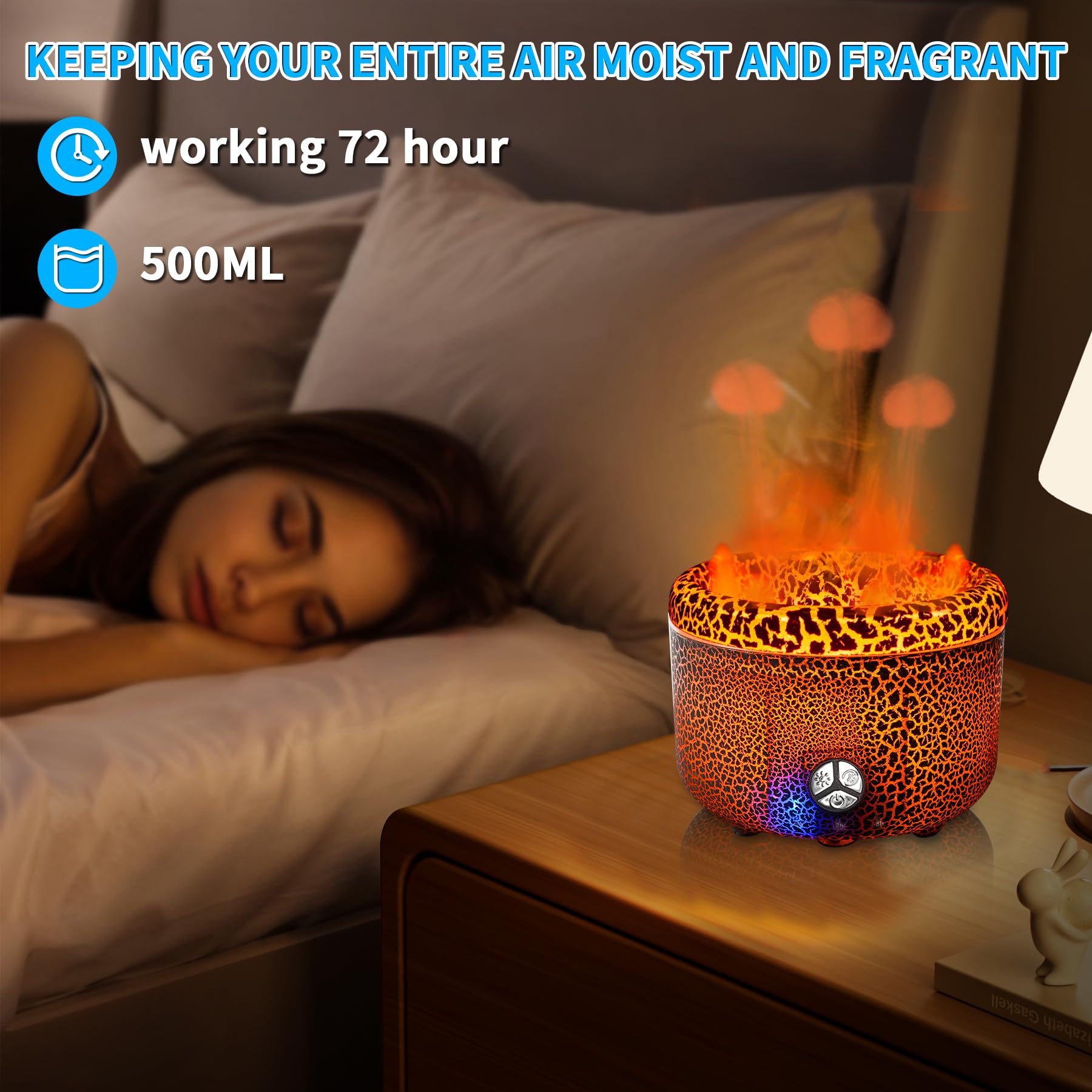 BOHOFAM Essential Oil Diffuser 500ML,Volcano and Flame Diffuser/Humidifier 2 Mode,Three Volcanic Vent Diffusers for Home,Include