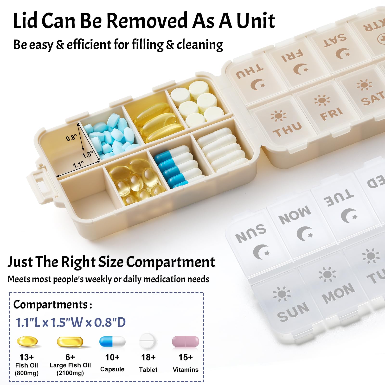 Foldable & Portable Pill Organizer 2 Times A Day with Extra Compartments - Etched Labels - Weekly 7 Day AM PM Medicine Box, Week