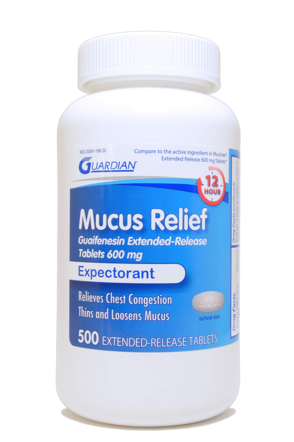 Guardian Mucus Relief, 600mg Guaifenesin 12 Hour Extended Release, Chest Congestion Expectorant (500 Count Bottle)