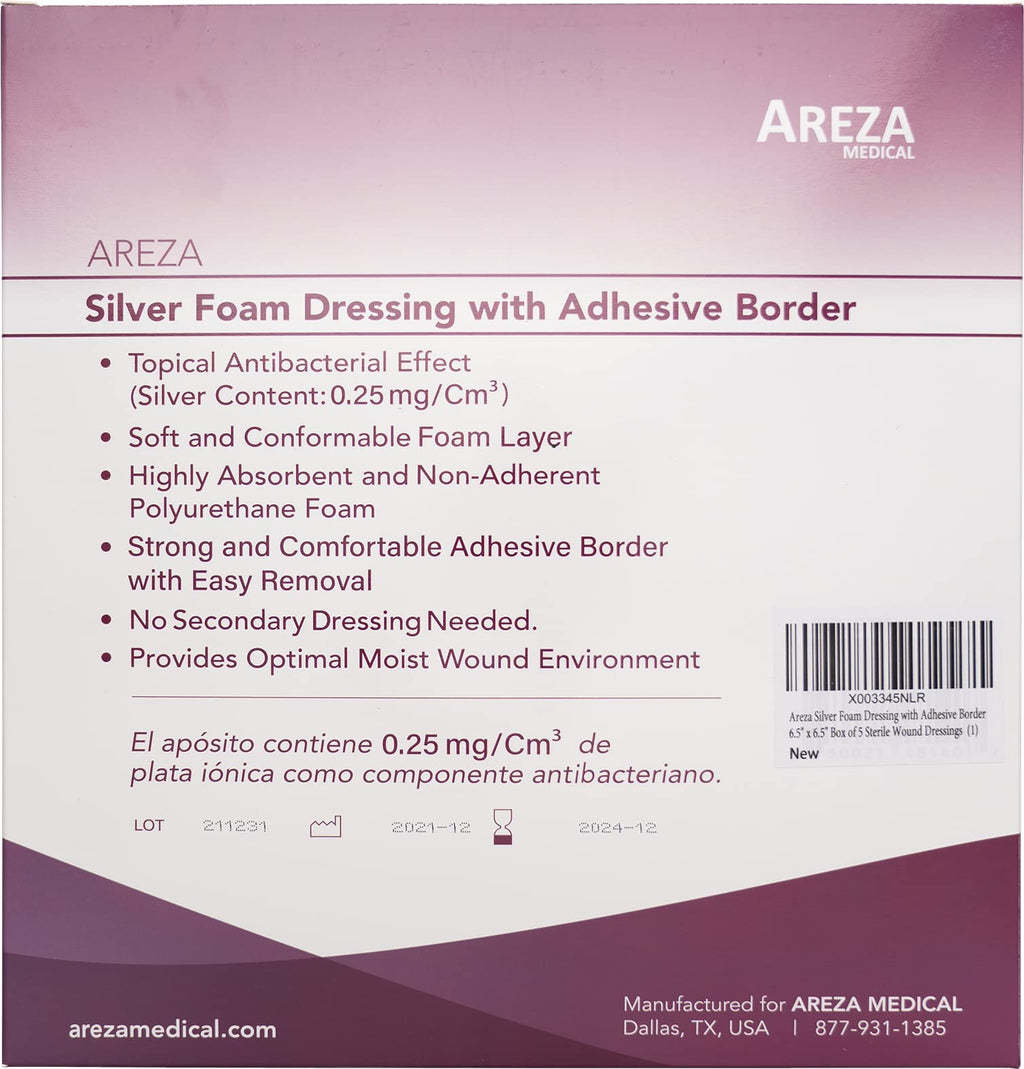 Areza Medical - Silver Foam Wound Dressing Pad - Sterile - 6.5 X 6.5 (16.5 cm X 16.5 cm) - Adhesive Border - 5 PCS per Box - FSA