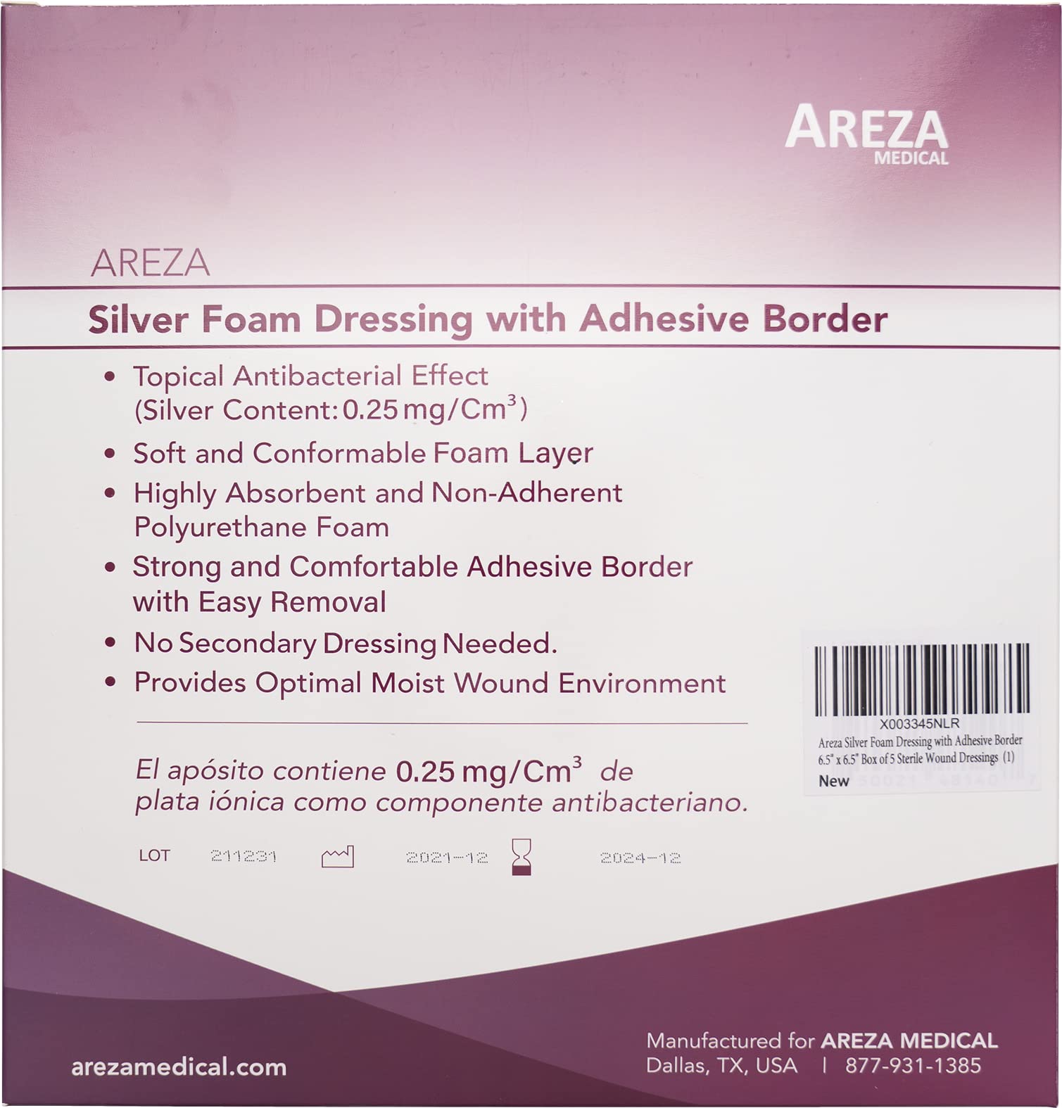 Areza Medical - Silver Foam Wound Dressing Pad - Sterile - 6.5 X 6.5 (16.5 cm X 16.5 cm) - Adhesive Border - 5 PCS per Box - FSA