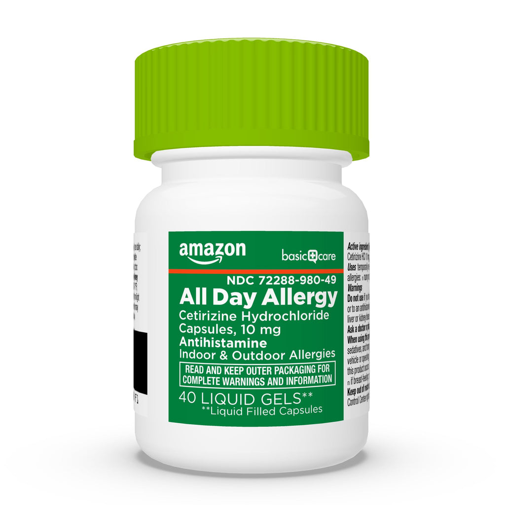 Amazon Basic Care All Day Allergy Medicine, 24 Hour Allergy Liquid Gels Capsule, Cetirizine Hydrochloride, 10 mg, Antihistamine,