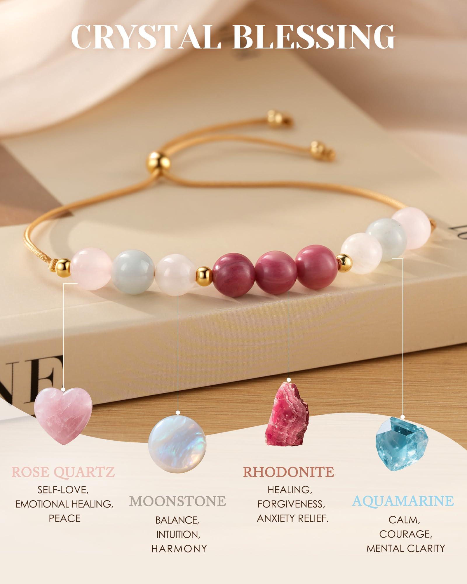 HGDEER Anxiety Relief Items Crystals Beaded Bracelets for Women, Stress Healing Moonstone Rose Quartz Stone Mental Health Gifts