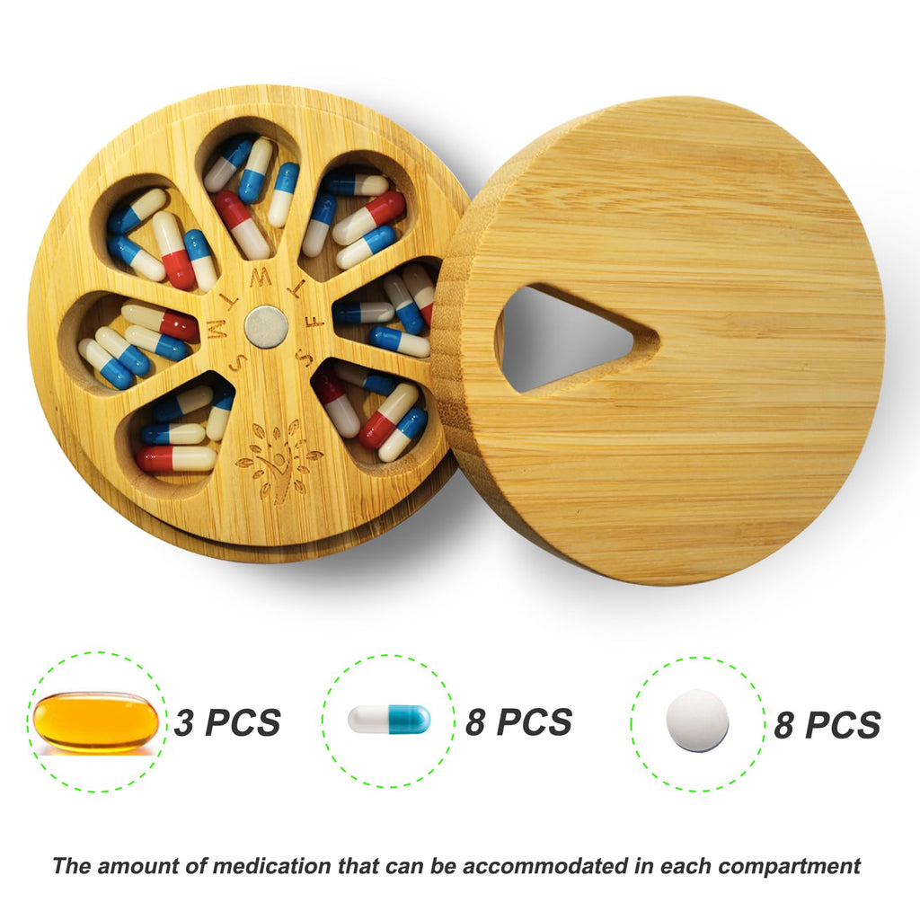 Bamboo Wood Pill Organizer for Medicine Vitamin Weekly, Arthritis Friendly 7-Day Pill Box Medium Container Holder, Daily Portabl