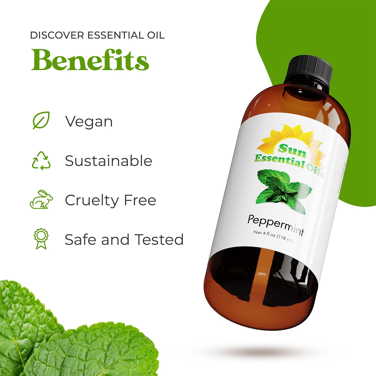 Sun Essential Oils - Peppermint 4oz Bottle for Diffuser, Humidifier, Aromatherapy, Personal & Home Care - Therapeutic Grade Pepp