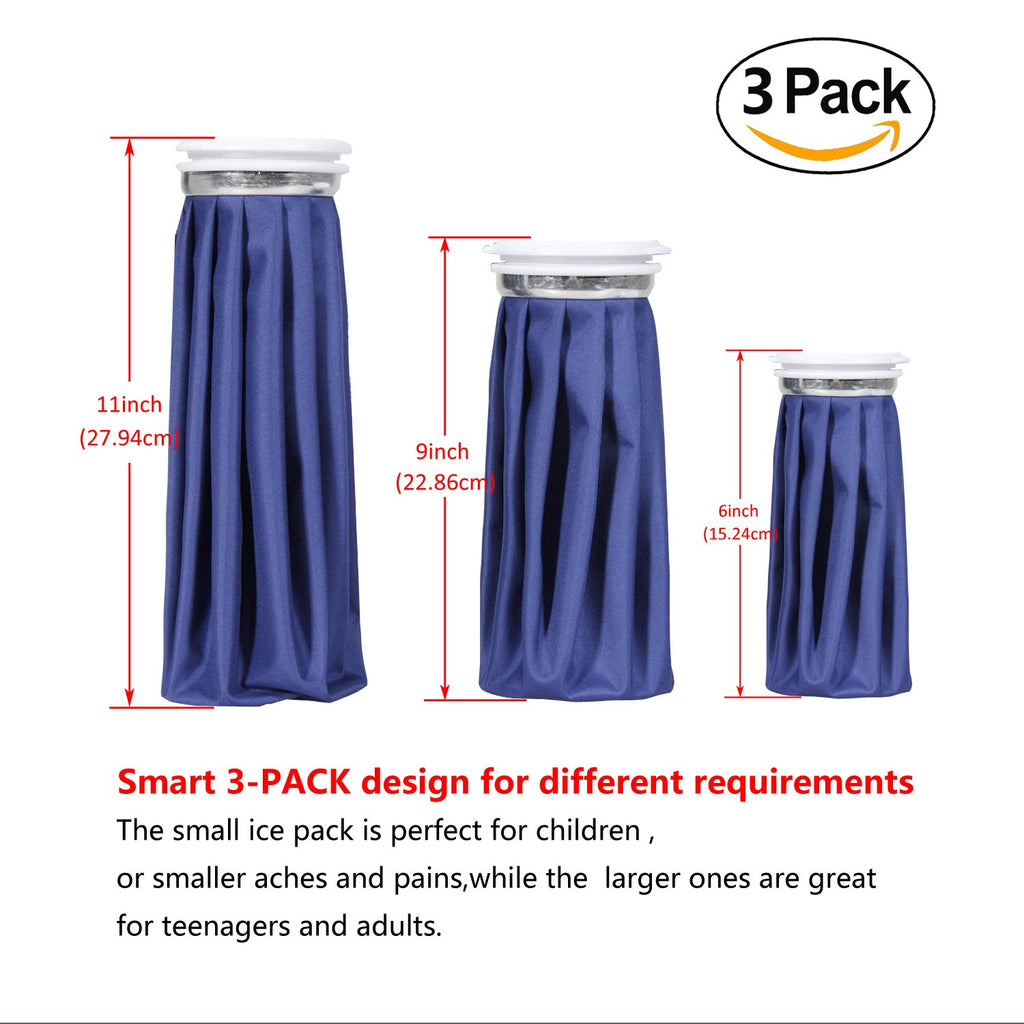 Ice Bag Packs of 3 - Reusable Hot & Cold Packs in 3 Sizes (6/9/11 inches)