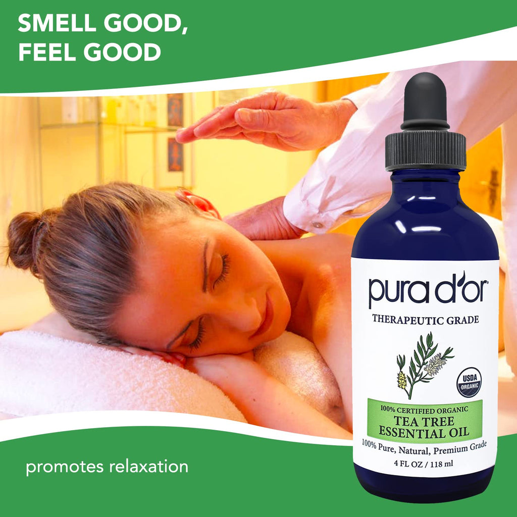 PURA DOR ORGANIC Tea Tree Melaleuca Essential Oil (4 Oz with Glass Dropper) 100% Pure & Natural Therapeutic Grade For Hair, Bod