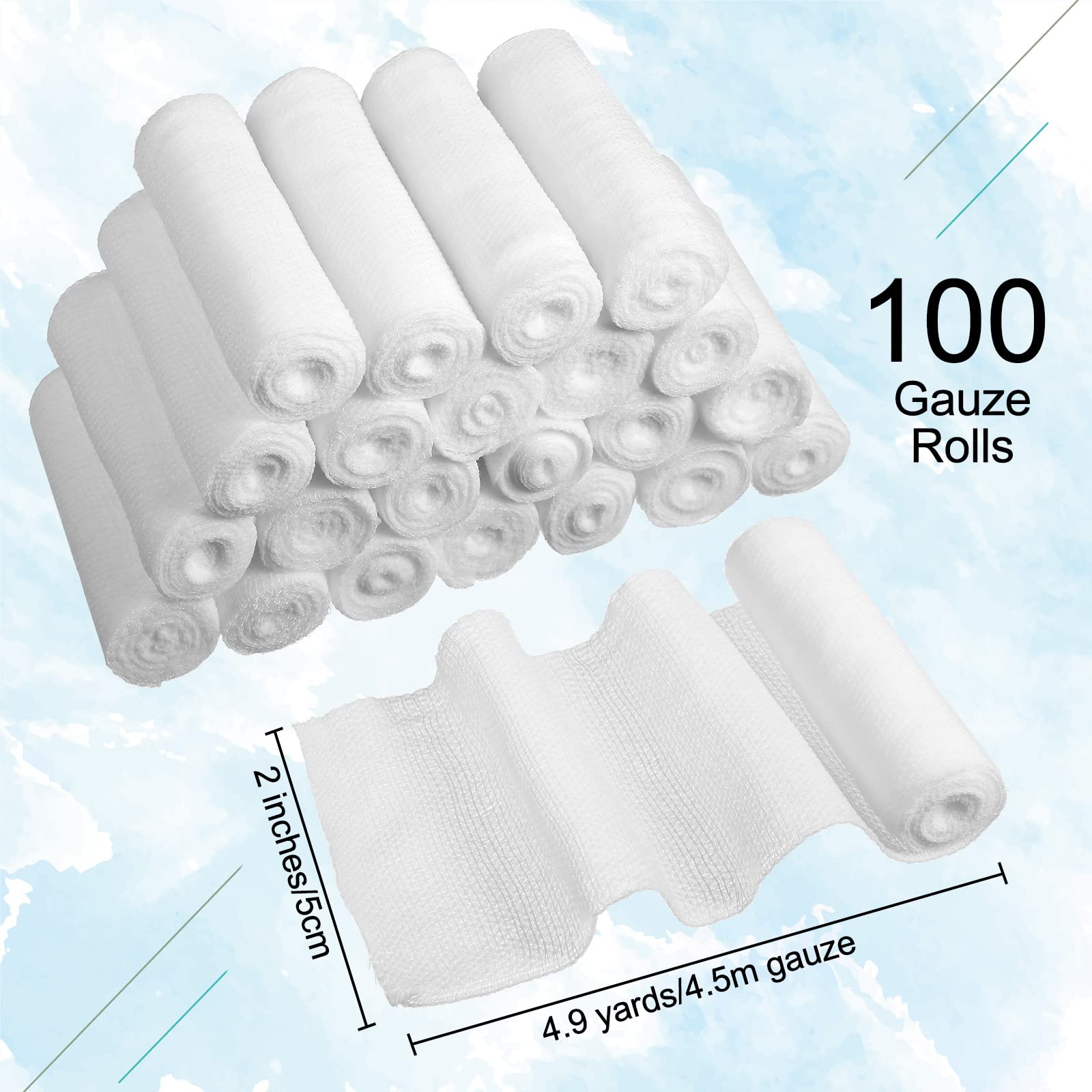 Treela 100 Rolls Gauze Bandage, 2 in x 5 Yards, Elastic Bandages Individual Packaging Sterile Non Latex First Aid Pads Medical B