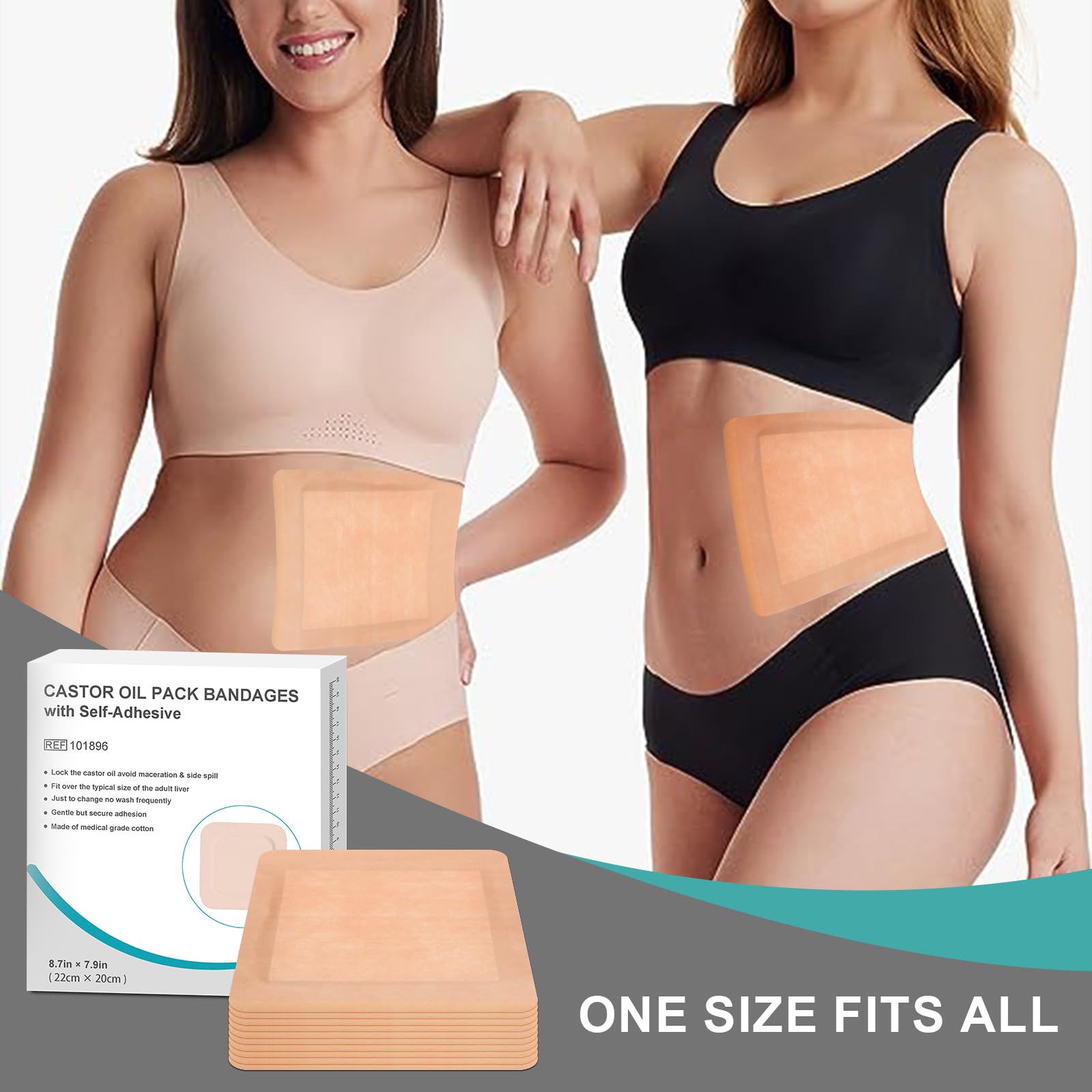 10Pcs Castor Oil Pack Wrap for Liver, Stomach, Belly Button | 8.7 *7.9  Organic Cotton Pads | Highly Absorbent Self-Adhesive Dis