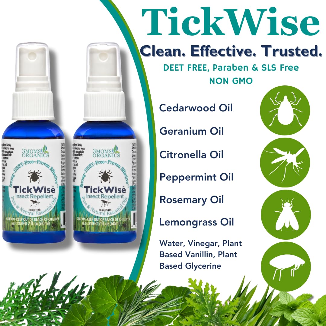 3 Moms Organics, TickWise 2oz Extra Strength Happy Campers 2-Pack - DEET- Free, Tick and Insect Repellent, Plant Based Essential