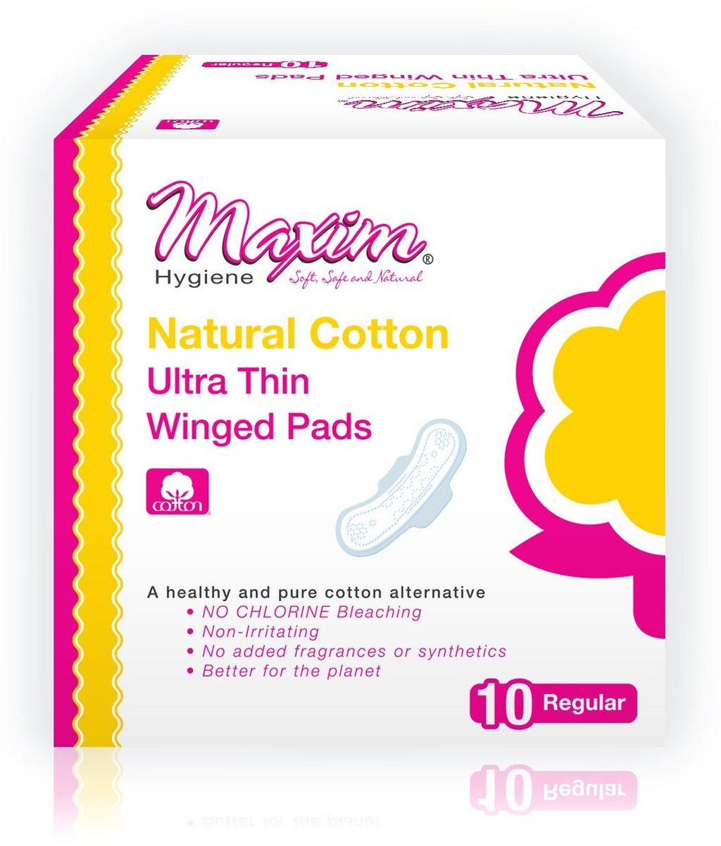 Ultra Thin Cotton Feminine Pads by Maxim (Regular, 3 Pack): 100% Cotton Winged Menstrual Pads for Sensitive Skin - Chlorine Free