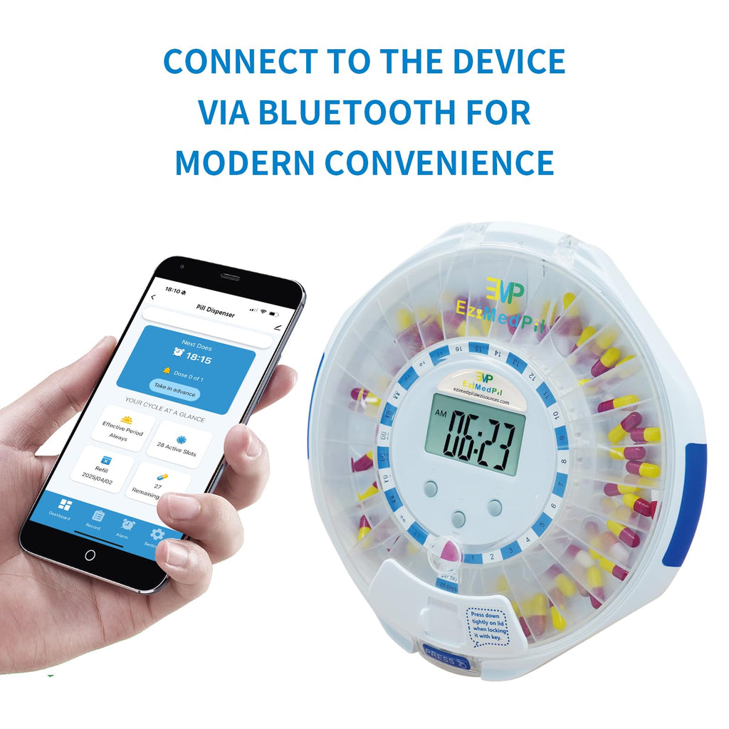 EziMedPil Bluetooth Pill Dispenser w/Sound & Light Alerts, up to 9 Alarms/Daily, Key Lock, LCD & Easy Setup on SmartLife App, 28