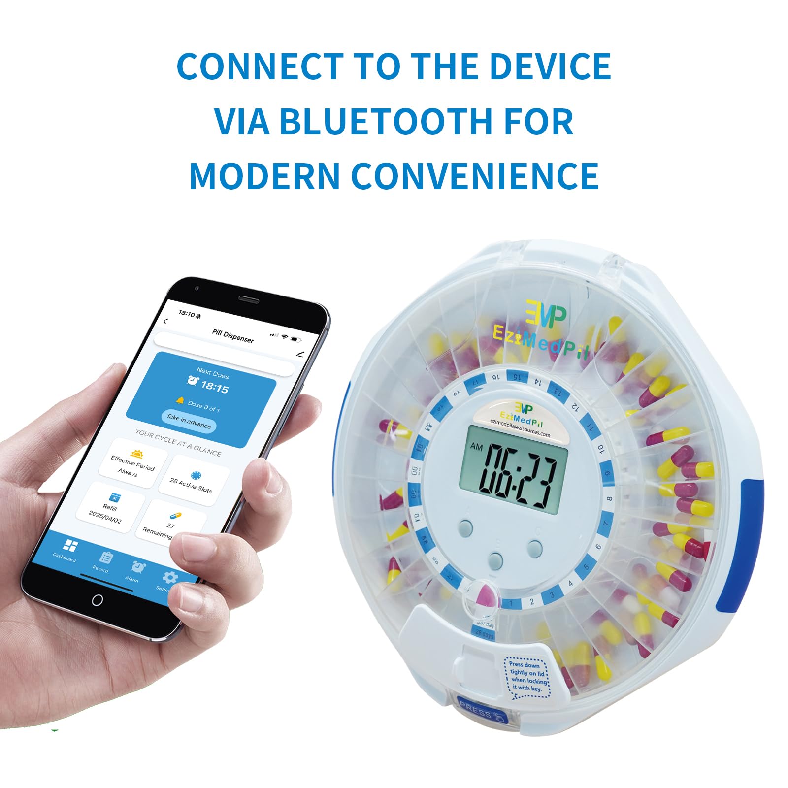 EziMedPil Bluetooth Pill Dispenser w/Sound & Light Alerts, up to 9 Alarms/Daily, Key Lock, LCD & Easy Setup on SmartLife App, 28