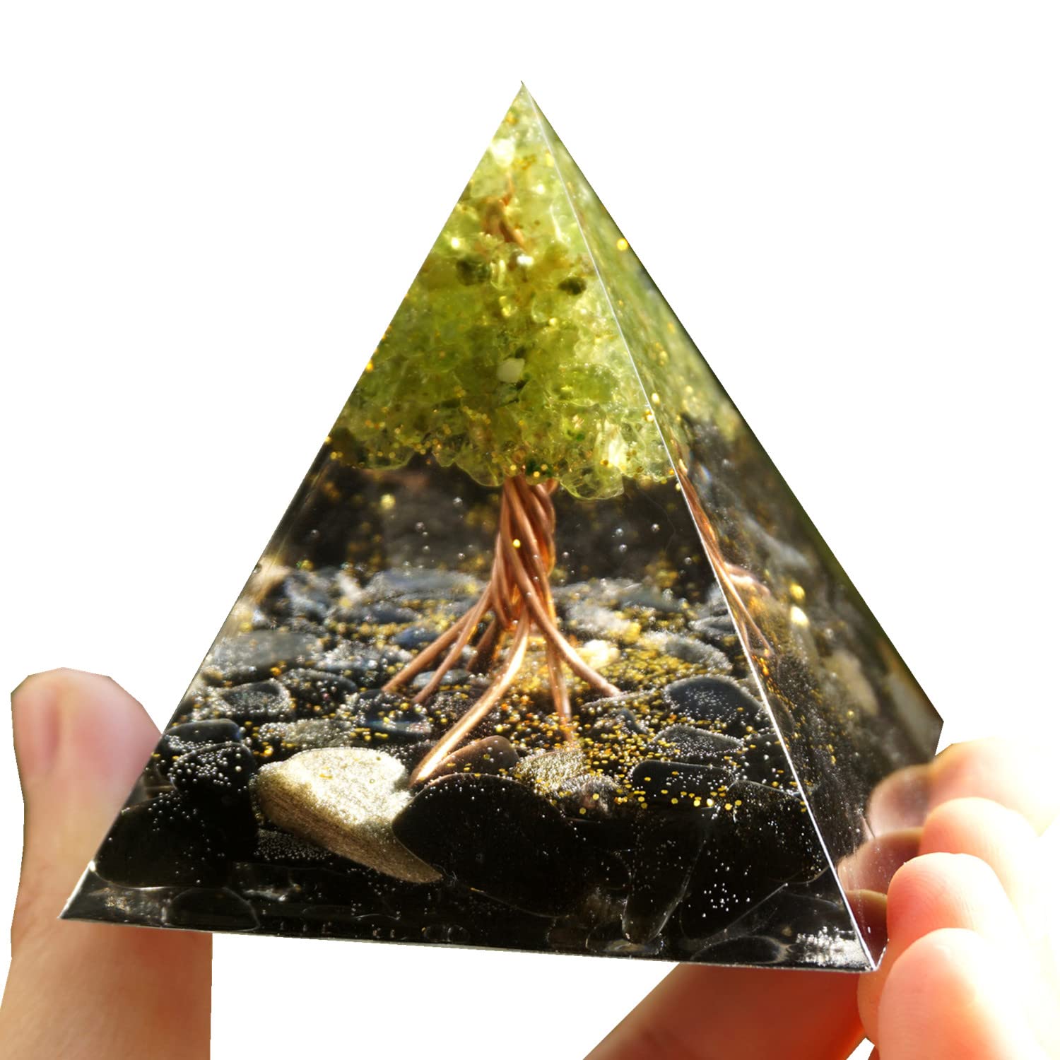 Handmade Tree of Life Orgonite Pyramid Peridot with Obsidian Crystal Stone Positive Reiki Energy Generator Healing Orgone Collec