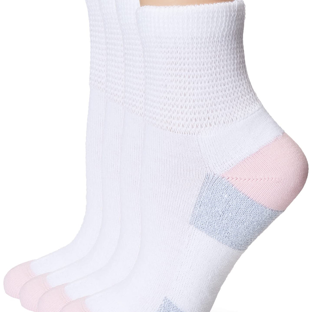 MediPeds womens Diabetic Quarter With Nanoglide, 4 Pack Casual Sock, White With Pink, Shoe Size 6-10 US