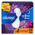 Always Radiant FlexFoam Pads for Women, Size 4, Overnight Absorbency, 100% Leak & Odor Free Protection is possible, with Wings, 