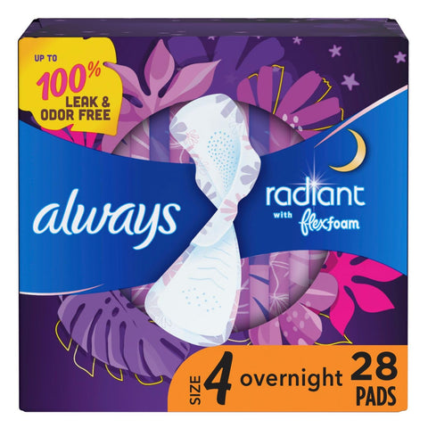 Always Radiant FlexFoam Pads for Women, Size 4, Overnight Absorbency, 100% Leak & Odor Free Protection is possible, with Wings, 
