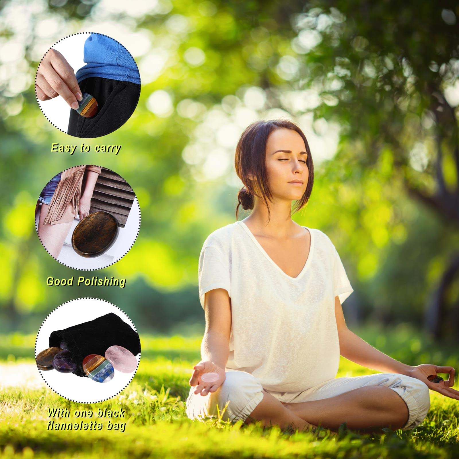 Roowest 4 Pcs Thumb Worry Stone for Anxiety Crystals Pink Chakras Amethyst Tiger Eye Green Aventurine Quartz Obsidian Anxiety St