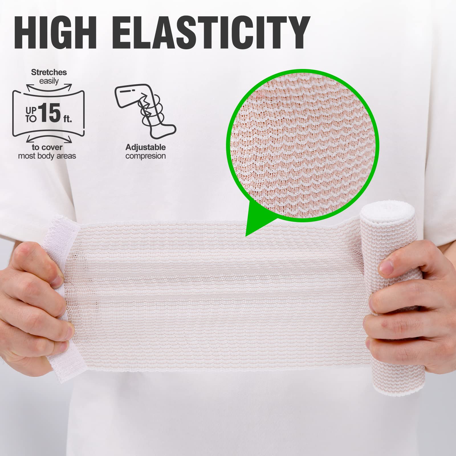 ZJCCTO Elastic Bandage 4 Pack. 4 Inches Wide x (13 to 15 ft. when stretched) with Hook and Loop on Both Ends, Latex Free Bandage