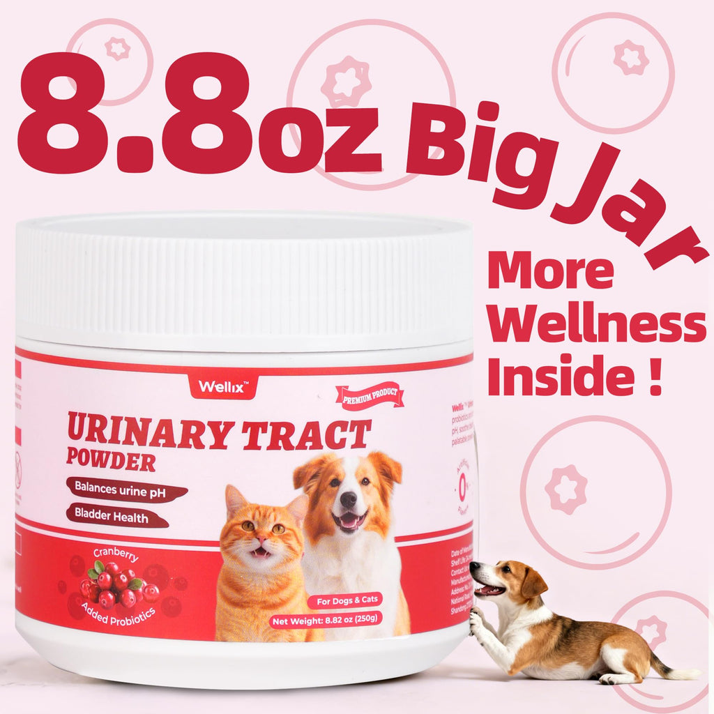 Wellix 8.8oz Large Dog and Cat Urinary Supplement - Rich in Omega-3,Cranberry for Cat UTI Treatment -Urinary Tract Podwer for Bl