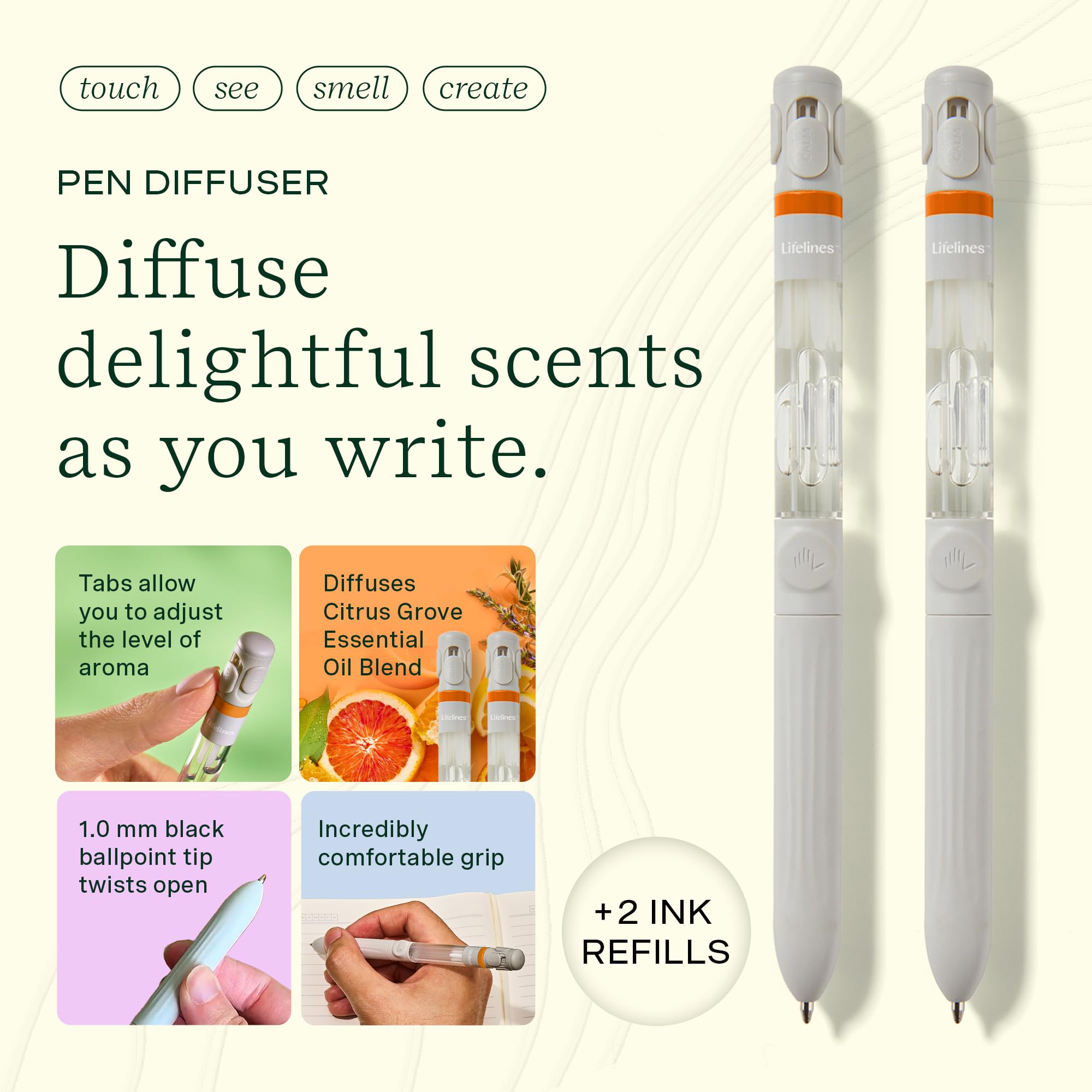 Lifelines Pen Diffuser Set, 2-Pack (Citrus Grove) - 1mm Black Ballpoint Pens with Scented Essential Oil Blends - Aromatherapy Di