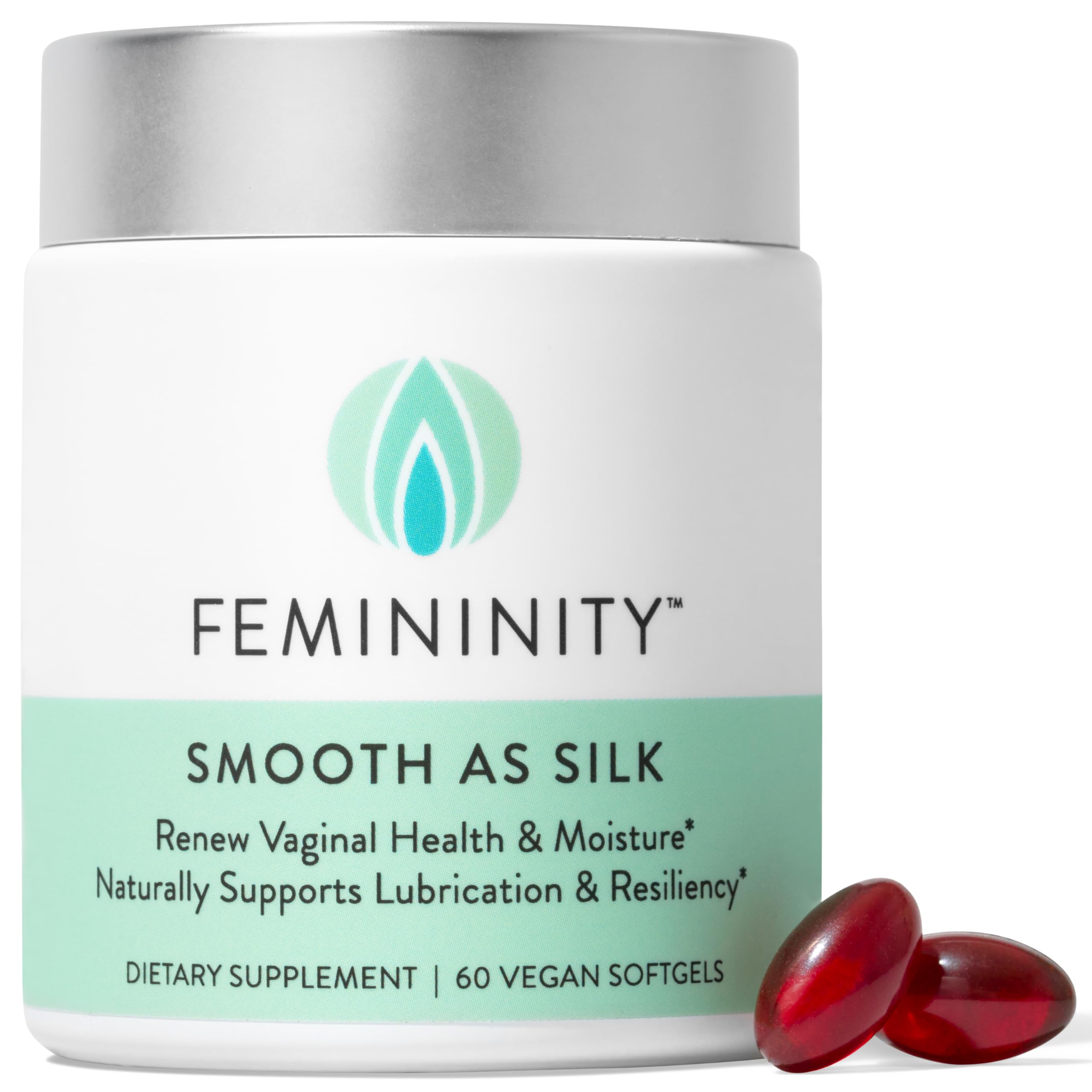 Femininity Smooth as Silk 30-Day Starter Kit for Vaginal Dryness (60 Softgels & Refillable Glass Jar) - Sea Buckthorn Oil with 3
